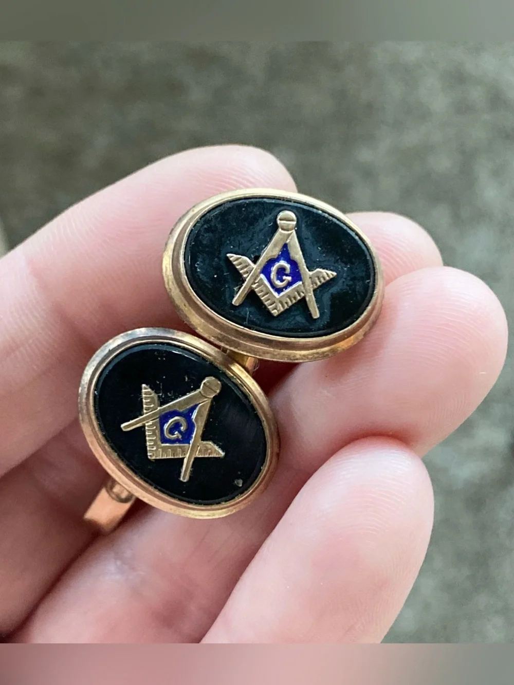 Vintage 50s Masonic Square & Compass Gold Tone Oval Cufflinks Blue G